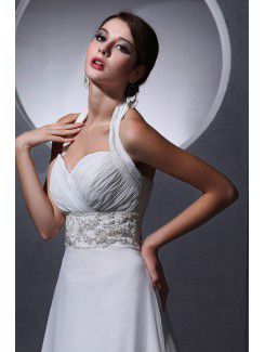 Chiffon Halter Chapel Train A-Line Wedding Dress with Pleat and Beading