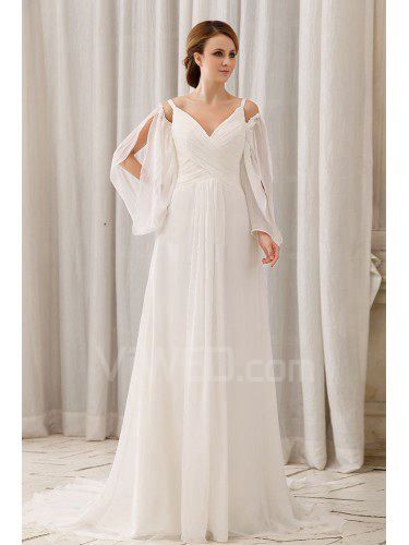 Chiffon V-Neckline Court Train Column Wedding Dress with Ruffle