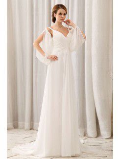 Chiffon V-Neckline Court Train Column Wedding Dress with Ruffle