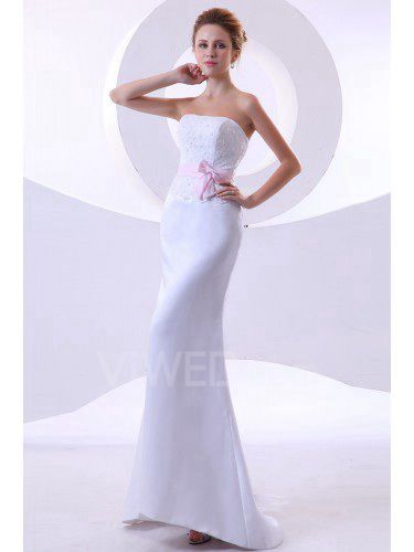 Satin Strapless Sweep Train Sheath Wedding Dress with Embroidered