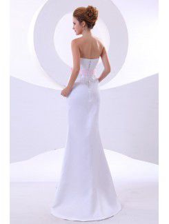 Satin Strapless Sweep Train Sheath Wedding Dress with Embroidered