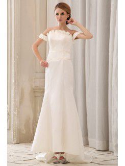 Satin Off-the-Shoulder Cathedral Train Sheath Wedding Dress with Pleated