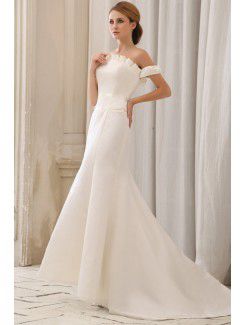 Satin Off-the-Shoulder Cathedral Train Sheath Wedding Dress with Pleated