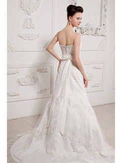 Satin and Lace Strapless Court Train A-line Wedding Dress