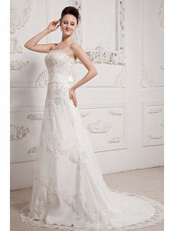 Satin and Lace Strapless Court Train A-line Wedding Dress