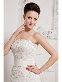 Satin and Lace Strapless Court Train A-line Wedding Dress