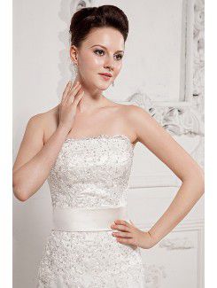 Satin and Lace Strapless Court Train A-line Wedding Dress