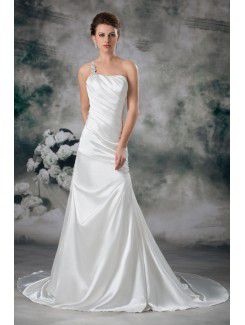 Satin One-Shoulder Chapel Train A-line Embroidered Wedding Dress