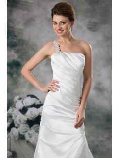 Satin One-Shoulder Chapel Train A-line Embroidered Wedding Dress