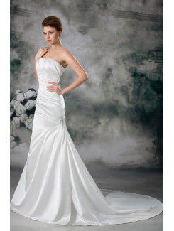 Satin One-Shoulder Chapel Train A-line Embroidered Wedding Dress