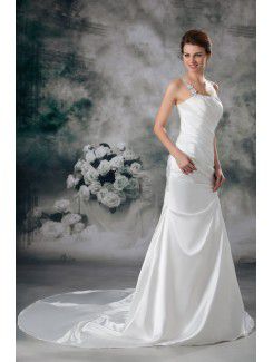 Satin One-Shoulder Chapel Train A-line Embroidered Wedding Dress