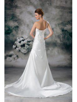 Satin One-Shoulder Chapel Train A-line Embroidered Wedding Dress