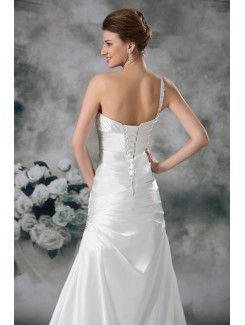 Satin One-Shoulder Chapel Train A-line Embroidered Wedding Dress