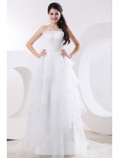 Organza Strapless Court Train A-Line Wedding Dress with Embroidered