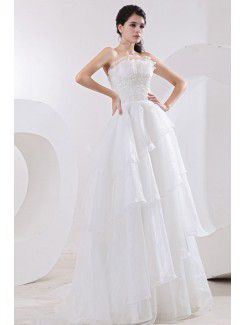 Organza Strapless Court Train A-Line Wedding Dress with Embroidered