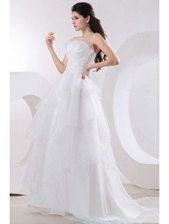 Organza Strapless Court Train A-Line Wedding Dress with Embroidered