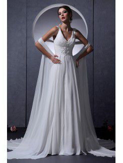 Chiffon treno corte scollo a v a-line abito da sposa con paillettes