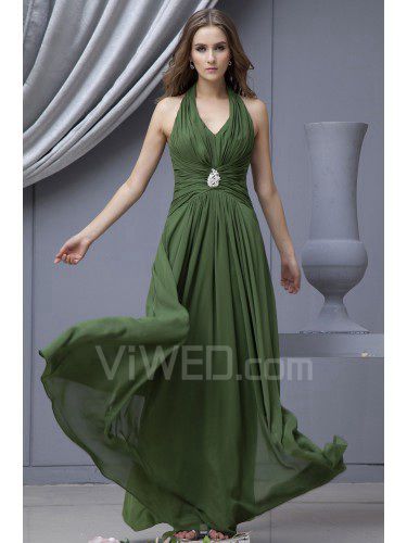 Chiffon Halter Floor Length Column Bridesmaid Dress with Rhinestones