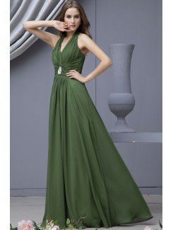 Chiffon Halter Floor Length Column Bridesmaid Dress with Rhinestones