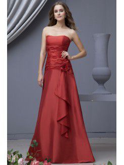 Satin Strapless Floor Length A-line Bridesmaid Dress with Hand-made Flower