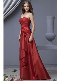 Satin Strapless Floor Length A-line Bridesmaid Dress with Hand-made Flower