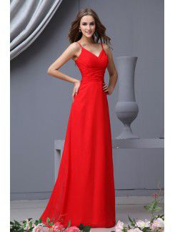 Chiffon Spaghetti Straps Floor Length Sheath Bridesmaid Dress with Ruffle