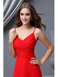 Chiffon Spaghetti Straps Floor Length Sheath Bridesmaid Dress with Ruffle