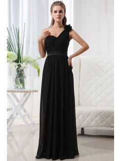 Chiffon One-Shoulder Floor Length Column Bridesmaid Dress with Ruffle and Flower