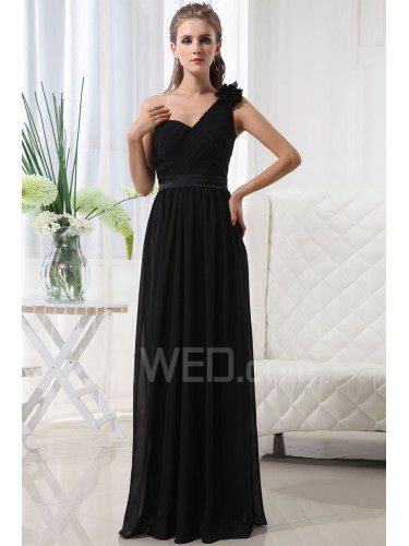 Chiffon One-Shoulder Floor Length Column Bridesmaid Dress with Ruffle and Flower