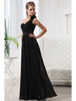 Chiffon One-Shoulder Floor Length Column Bridesmaid Dress with Ruffle and Flower