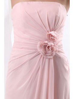 Chiffon Strapless Floor Length Column Bridesmaid Dress with Ruffle and Flowers