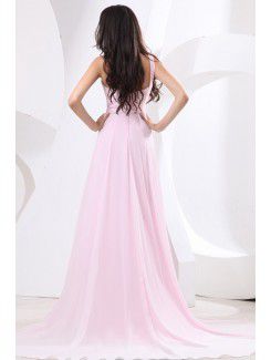 Chiffon One-Shoulder Sweep Train A-line Bridesmaid Dress with Drape and Flower