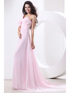 Chiffon One-Shoulder Sweep Train A-line Bridesmaid Dress with Drape and Flower