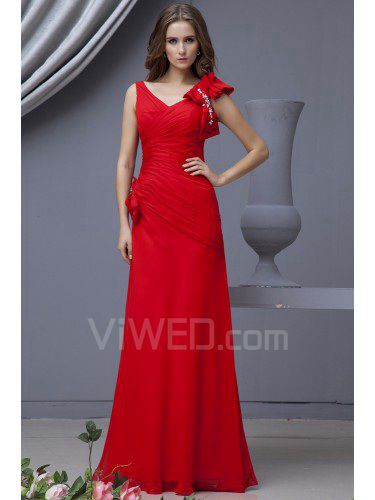 Chiffon v-ausschnitt bodenlange a-line brautjungfer kleid mit fliege