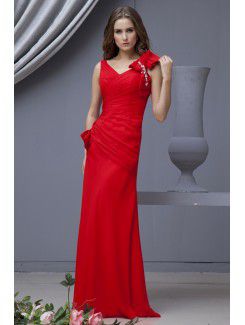 Chiffon V-Neckline Floor Length A-line Bridesmaid Dress with Bowtie