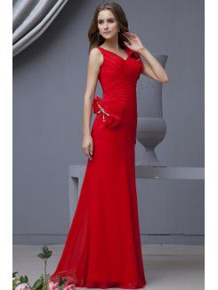 Chiffon V-Neckline Floor Length A-line Bridesmaid Dress with Bowtie