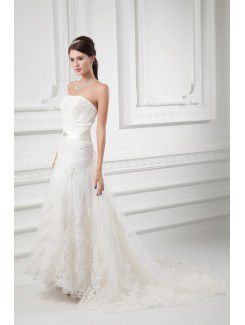 Satin and Net Strapless A-line Sweep Train Embroidered and Sash Wedding Dress