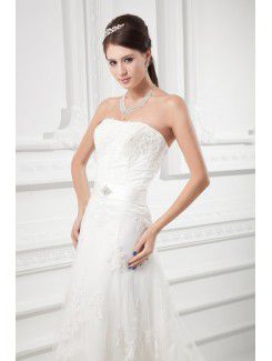 Satin and Net Strapless A-line Sweep Train Embroidered and Sash Wedding Dress