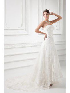 Satin and Net Strapless A-line Sweep Train Embroidered and Sash Wedding Dress