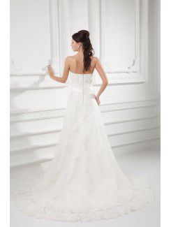 Satin and Net Strapless A-line Sweep Train Embroidered and Sash Wedding Dress