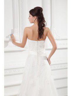 Satin and Net Strapless A-line Sweep Train Embroidered and Sash Wedding Dress