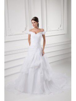 Organza off-the-spalla una linea di sweep treno abito da sposa ricamato