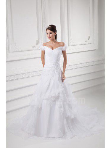 Organza off-the-spalla una linea di sweep treno abito da sposa ricamato