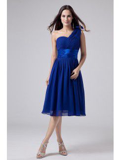 Chiffon One-Shoulder Knee-Length A-line Bridesmaid Dress with Ruffle and Sash