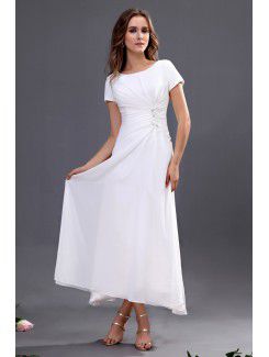 Chiffon Bateau Ankle-Length A-line Bridesmaid Dress with Short Sleeves