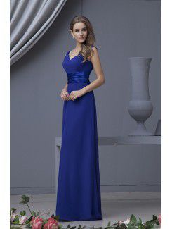 Chiffon V-Neckline Floor Length Column Bridesmaid Dress with Ruched