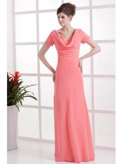 Chiffon V-Neckline Floor Length Column Bridesmaid Dress with Short Sleeves