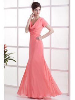 Chiffon V-Neckline Floor Length Column Bridesmaid Dress with Short Sleeves