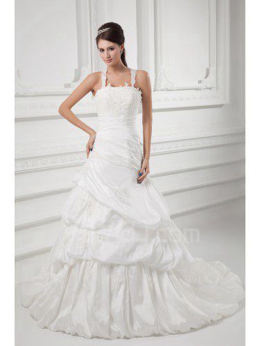 Taffeta Straps A-line Sweep Train Embroidered Wedding Dress