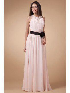 Chiffon Jewel Floor Length Column Bridesmaid Dress with Hand-made Flower